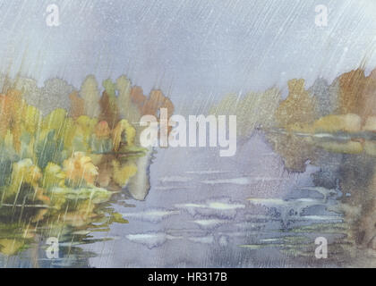 Aquarell handgezeichnete Abbildung der Regen Herbstlandschaft mit einem See und Bäumen. Künstlerischen regnerischen Hintergrund. Stockfoto