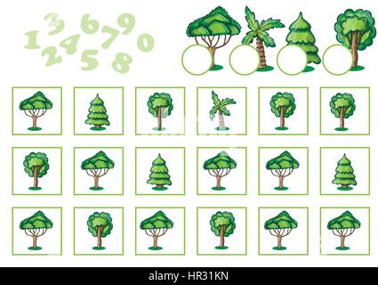 Spiel zählen für Kinder mit Bäumen. Mathematischen Lernspiel in Bildern. Farbe. Stock Vektor