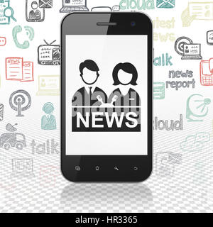 Aktuelles Konzept: Smartphone mit Moderator auf dem Display Stockfoto