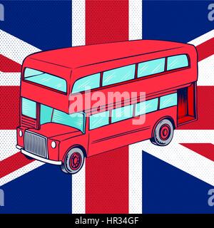 Roten Doppeldecker-bus auf Hintergrund der britische Flagge Stock Vektor