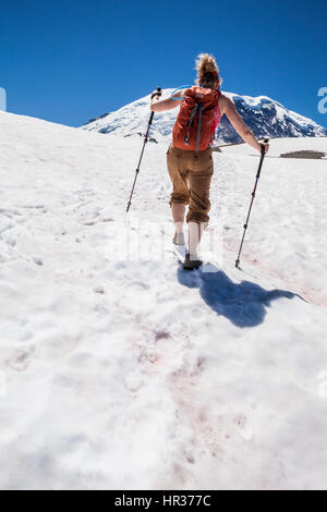 Eine Frau, Wandern auf dem Burroughs Bergweg in Mount Rainier Nationalpark, Washington, USA. Stockfoto