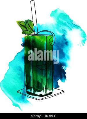 Vektor und Aquarell Zeichnung der Mojito cocktail mit Textur Stock Vektor