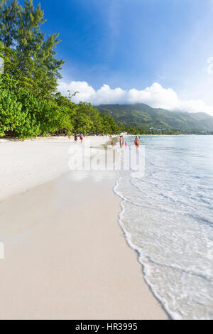MAHE - AUGUST 08: Touristen und Einheimische am Beau Vallon Beach im Westen von Mahé, Seychellen am 8. August 2014 Stockfoto