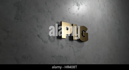Schwein - Gold Zeichen an glänzenden Marmor Wand montiert - 3D gerenderten Lizenzgebühren freie stock Illustration. Dieses Bild kann für eine Website online Banner Ad o verwendet werden Stockfoto