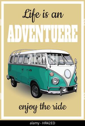 Vektor-Illustration von Vintage Poster Retro einen Minibus für trav Stock Vektor