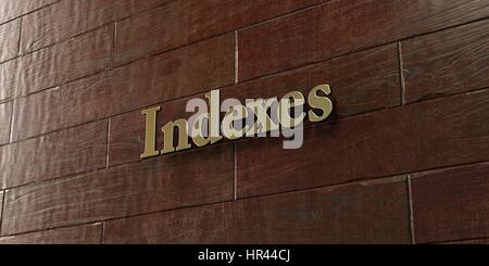 Indizes - Bronze Plakette an Ahorn Holz Wand - 3D gerenderten Lizenzgebühren frei Lager Bild montiert. Dieses Bild kann für eine Website online Banner Ad o verwendet werden Stockfoto