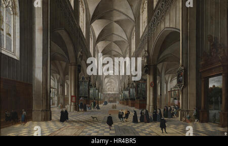 Pieter Neefs der ältere stellt das Innere einer flämischen Kirche oder die Messe dar, die während eines Gottesdienstes das Innere einer Kirche darstellt. Das Gemälde betont die architektonische Pracht flämischer Kirchen, wobei Licht, Perspektive und zeremonielle Aspekte der Messe sorgfältig berücksichtigt werden. Stockfoto