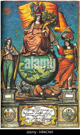 Das Cover von „Opus insignium armorumque“ zeigt heraldische Bilder mit Abbildungen von Wappen und symbolischen Darstellungen von Adelsfamilien und Abstammungen. Die Arbeit spiegelt die Bedeutung der Heraldik in historischen europäischen Gesellschaften wider. Stockfoto