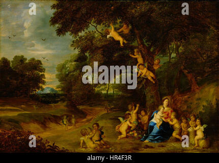 Pieter van Avont und Frans Wouters - Madonna mit Kind, Johannes der Täufer als ein Junge und Engel in einer Wald-Landschaft Stockfoto