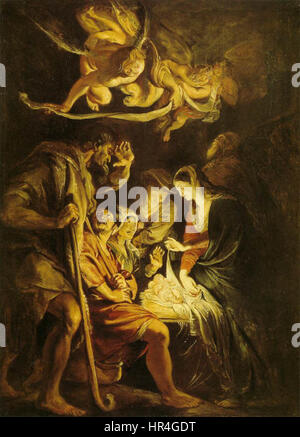 Peter Paul Rubens’ „Anbetung der Hirten“ präsentiert die Geburtsszene, in der Hirten sich versammeln, um den neugeborenen Christus anzubeten. Rubens’ Verwendung von Farben und dramatischer Komposition hebt die göttlichen und bescheidenen Aspekte der Szene hervor. Stockfoto