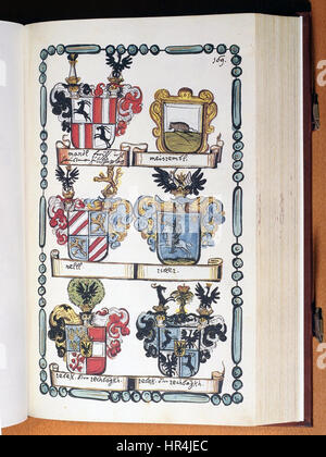 „Opus insignium armorumque 170“ bezieht sich auf ein illustriertes Werk aus dem 17. Jahrhundert, das sich mit Heraldik und Wappen befasst. Dieses Stück präsentiert komplexe Entwürfe edler Insignien mit detaillierten Rüstungen und der symbolischen Darstellung verschiedener europäischer Familien und Dynastien. Stockfoto