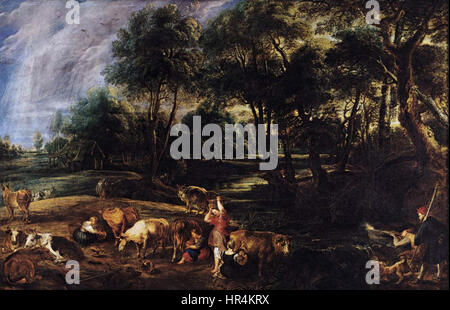 Peter Paul Rubens’ „Landschaft mit Kühen und Wildvögeln“ fängt eine friedliche ländliche Szene mit weidenden Kühen und Jägern ein, die Wildvögel verfolgen. Das Gemälde spiegelt Rubens’ Meisterschaft wider, Figuren mit der Naturlandschaft zu verbinden. Stockfoto