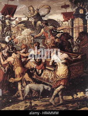 "Die drei jungen Männer im glühenden Ofen" von Pieter Pietersz. (I) zeigt die biblische Szene von Sadrach, Mesach und Abednego, die in einen Feuerofen geworfen wurden, weil sie sich weigerten, ein Götzenbild anzubeten. Das Gemälde fängt den dramatischen Moment des göttlichen Eingreifens ein, bei dem die jungen Männer von den Flammen unversehrt bleiben. Stockfoto