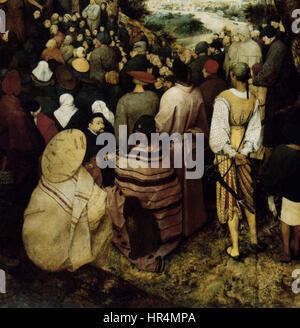 Dieser detaillierte Teil von Pieter Bruegel dem Älteren „die Predigt des Heiligen Johannes des Täufers“ fängt einen Moment aus der biblischen Szene ein, mit lebendigen Figuren, die die Erzählung der Lehren des Heiligen Johannes und ihre Auswirkungen auf das Volk veranschaulichen. Stockfoto