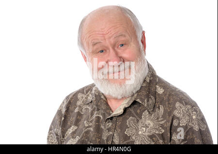 Unbekümmerte senior woman isoliert auf weiss Stockfoto