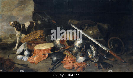 „Armas y Petréchos de Guerra“ von Peeter Boel zeigt ein Stillleben-Arrangement aus Waffen und militärischer Ausrüstung und zeigt die Expertise des Künstlers bei der Erfassung detaillierter Objekte und deren symbolische Bedeutung im 17. Jahrhundert. Stockfoto