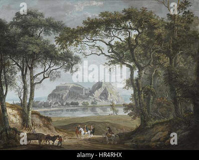 Paul Sandbys Gemälde von Dumbarton Castle zeigt die berühmte Festung auf einem vulkanischen Felsen mit Blick auf den Fluss Clyde. Die Burg ist für ihre Militärgeschichte bekannt und wird mit reichen Details und stimmungsvollen Landschaften dargestellt, die die natürliche Schönheit der schottischen Highlands hervorheben. Stockfoto