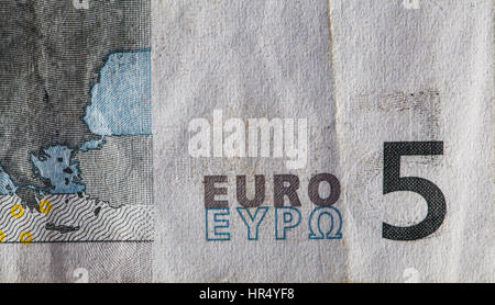 Nahaufnahme eines gebrauchten 5 Euro-Schein Papiergeld Stockfoto
