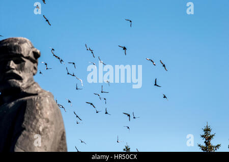 Schwarm Tauben fliegen im Hintergrund des Denkmals Stockfoto