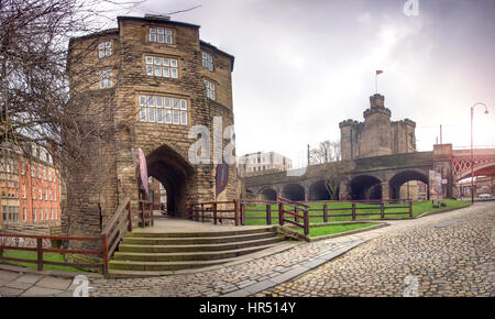 Panoramablick auf Black Gate und Bergfried, Newcastle-upon-Tyne Stockfoto