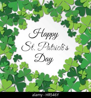 Glücklich St. Patrick Day-Glückwunsch-Karte mit Clower, Shamrock. Stock Vektor