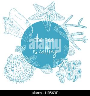 Meer ruft. Marine Hintergrund mit Muscheln, Korallen, Kugelfische und Seesterne. Skizzieren Sie Stil. Text auf Kreis-Abzeichen. Ideal für Grüße, invitat Stock Vektor