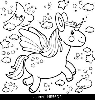 Niedliches Einhorn, das am Nachthimmel fliegt. Zeichentrick-Baby-Pony und Mondmaskottchen. Vektor-Schwarzweiß-Farbseite. Stock Vektor