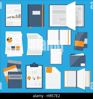 Flache Notebooks, Papiere, Bücher, Sammlung für Webdesign auf Schreibtisch Stock Vektor