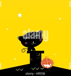 10163125 - schwarze Katze auf dem Dach sitzt, während Halloween. Vektor-Illustration. Stockfoto