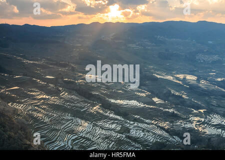 Sonnenuntergang über Reisterrassen von YuanYang in Yunnan, China, eines der jüngsten UNESCO-Welterbestätten Stockfoto