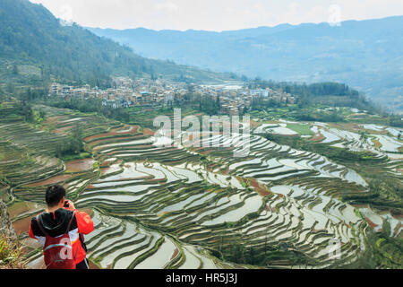 YuanYang, China - 21. Februar 2017: Chinesische Touristen fotografieren die Reisterrassen von YuanYang vom oberen Rand einer Klippe. Reisterrassen von YuanYang in Stockfoto