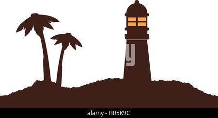 Farbe-Silhouette der Insel mit Leuchtturm und Palmen Stock Vektor