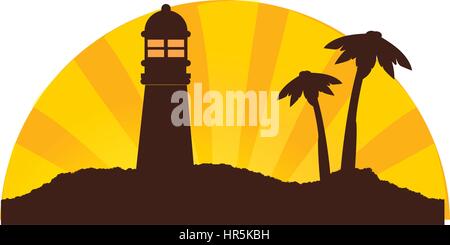 Farbe-Silhouette der Sonnenuntergang auf der Insel mit Leuchtturm und Palmen Stock Vektor