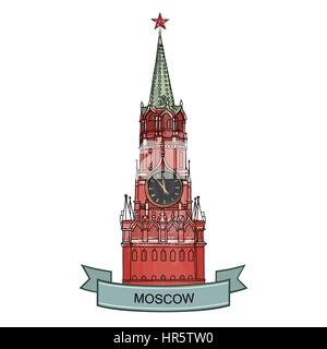Symbol der Stadt Moskau Spasskaja Turm, Roter Platz, Kreml, Moskau, Russland. Reisen das Symbol Skizze Vector Illustration. Stock Vektor