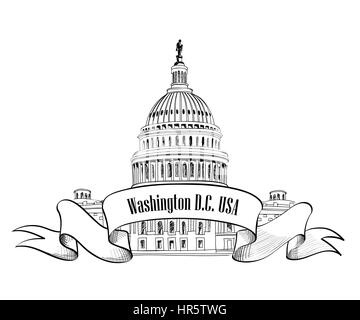 Washington DC Symbol. United States Capitol (Capitol Hill, u.capitol Dome). vector Hand gezeichnete Skizze auf weißem Hintergrund. Stock Vektor