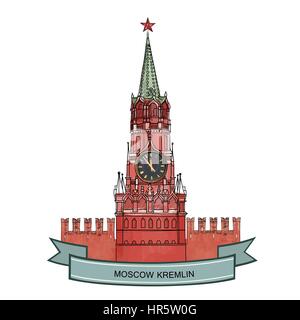 Spasskaja Turm, Roter Platz, Kreml, Moskau, Russland, Moscow city label.travel Symbol Vektor handgezeichnete Illustrationen. Stock Vektor