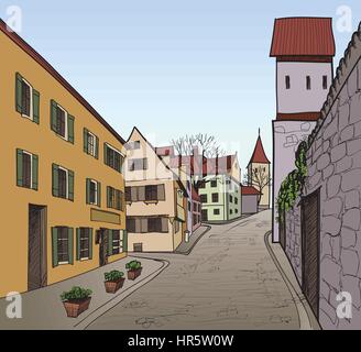 Fußgängerzone in der alten europäischen Stadt mit Turm im Hintergrund. Historische Stadt Straße. Hand gezeichnete Skizze. Vector Illustration. Stock Vektor