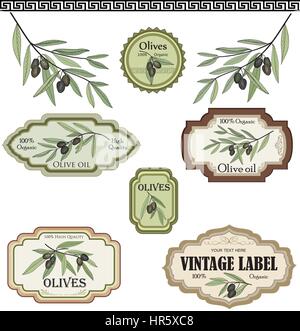 Vintage olive set Etiketten. Bio Lebensmittel farbige Skizze Zeichen gesetzt. Mediterrane Küche Aufkleber Sammlung Stock Vektor