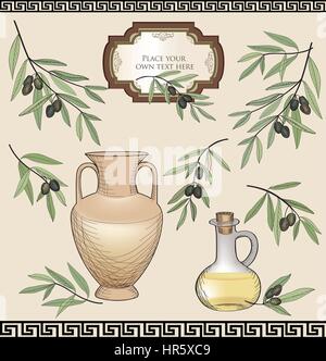 Vintage olive set Etiketten. Bio Lebensmittel farbige Skizze Zeichen gesetzt. Mediterrane Küche Aufkleber Sammlung Stock Vektor