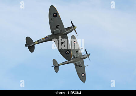 Zwei Spitfire brechen während der Flying Legends Air Show auf. Legendäres elliptisches Flügeldesign Stockfoto