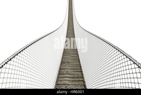 Eine gekrümmte Hängebrücke gemacht von Holzbohlen mit Draht, die Seiten auf einem isolierten weißen Hintergrund - 3D render Stockfoto