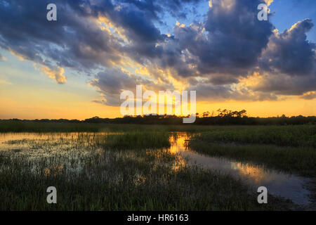 Sommer-Gewitterwolken und einen bunten Himmel schweben über den Sumpf in der Nähe von Kiawah River auf Kiawah Island, South Carolina. Stockfoto