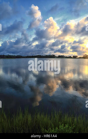 Dramatische Wolken schweben über Bass Teich auf Kiawah Island, South Carolina. Die Wolken spiegeln sich im Teich. Stockfoto