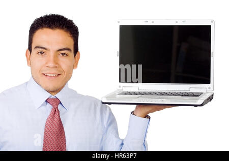 Geschäftsmann Laptop isoliert auf einem weißen Hintergrund anzeigen Stockfoto