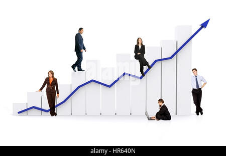 Gruppe von Geschäftsleuten mit einem Diagramm für Wachstum und Erfolg - auf einem weißen Hintergrund isoliert Stockfoto