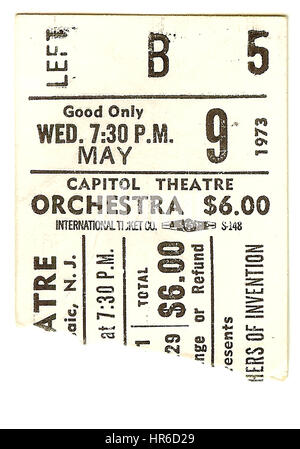 PASSAIC, NJ - Mai 9: Ticket Stub von Frank Zappa und die Mothers of Invention im Capitol Theater in Passaic, NJ am 9. Mai 1973 durchführen Stockfoto