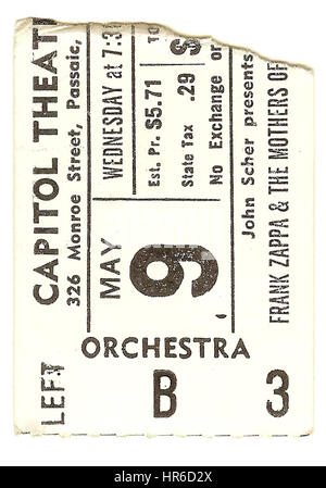 PASSAIC, NJ - Mai 9: Ticket Stub von Frank Zappa und die Mothers of Invention im Capitol Theater in Passaic, NJ am 9. Mai 1973 durchführen Stockfoto