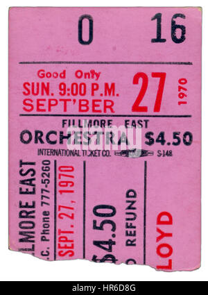 Ticket-Stub von Pink Floyd erklingt in Fillmore East in New York City am 27. September 1970 Stockfoto