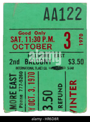 Ticket-Stub von Edgar Winter erklingt in Fillmore East in New York City am 3. Oktober 1970 Stockfoto