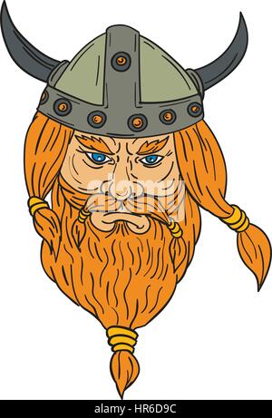 Zeichnung Skizze Stil Illustration ein Norseman Viking Warrior Raider Barbar Kopf mit Bart von vorne am isolierten weißen Hintergrund betrachtet. Stock Vektor